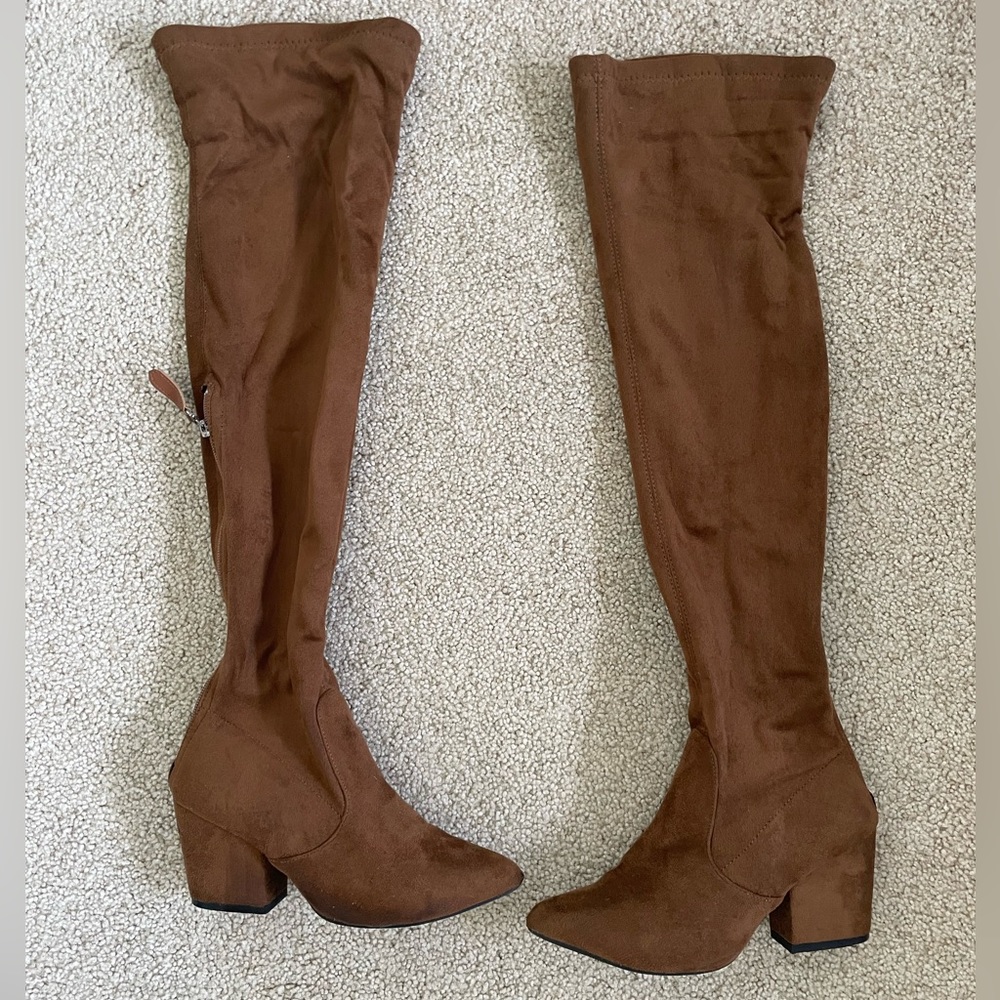 Chestnut Tan Faux Suede Over the Knee OTK Block Heel Boots Size 6.5
